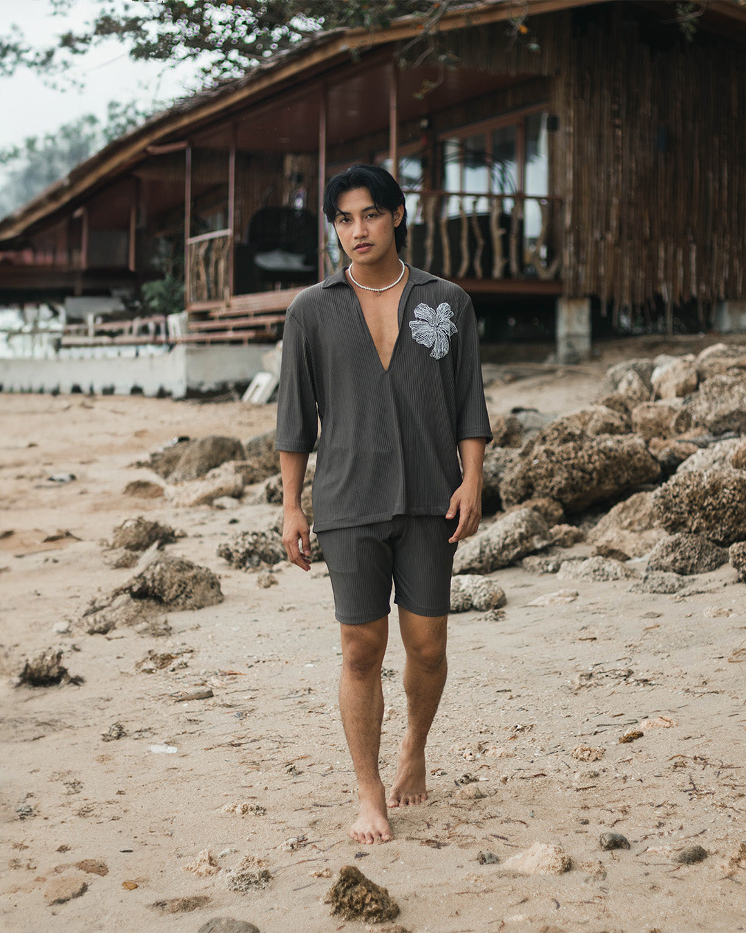 Antheia Gray Smoke V-Neck Set