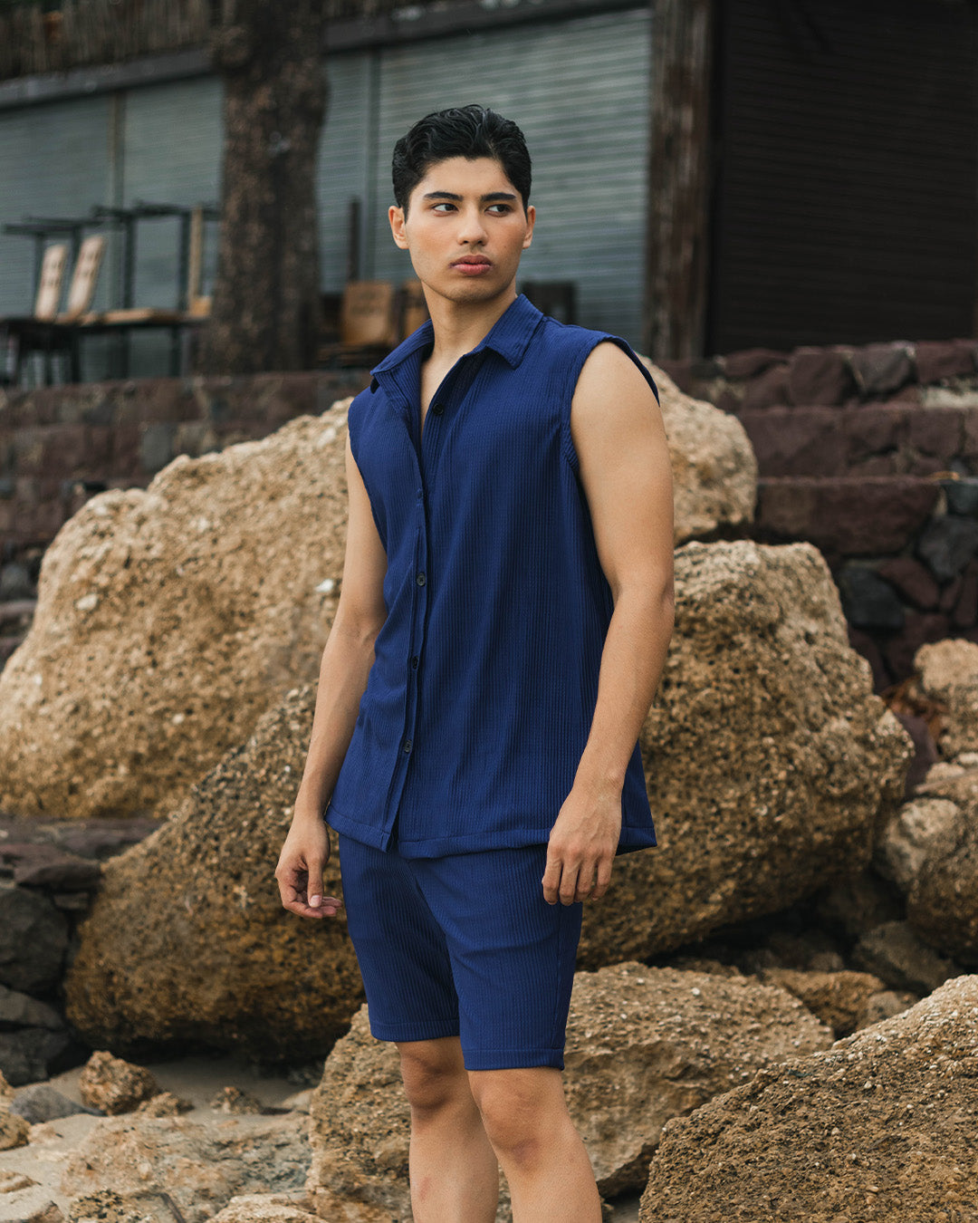 Antheia Denim Blue Collared Muscle Tee Set